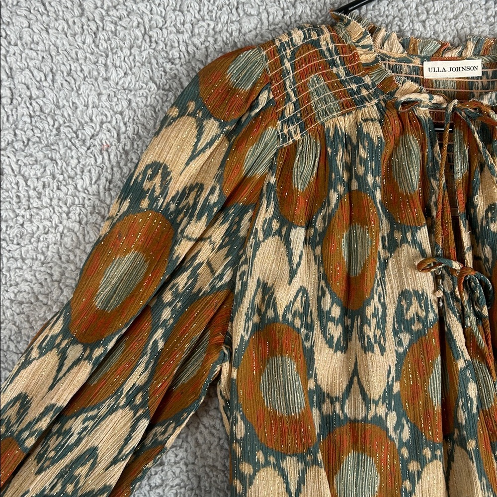 ULLA JOHNSON Long Sleeve Smocked Cuffs Double Lace Metallic Threads Size 8 - Picture 11 of 16